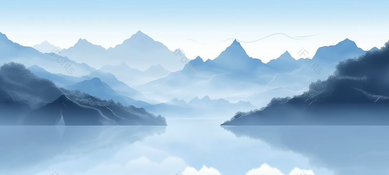 烟雾缭绕蓝色山水水墨画中国风背景,插画/手绘图,插画/手绘图库,插画/手绘图下载,插画/手绘
